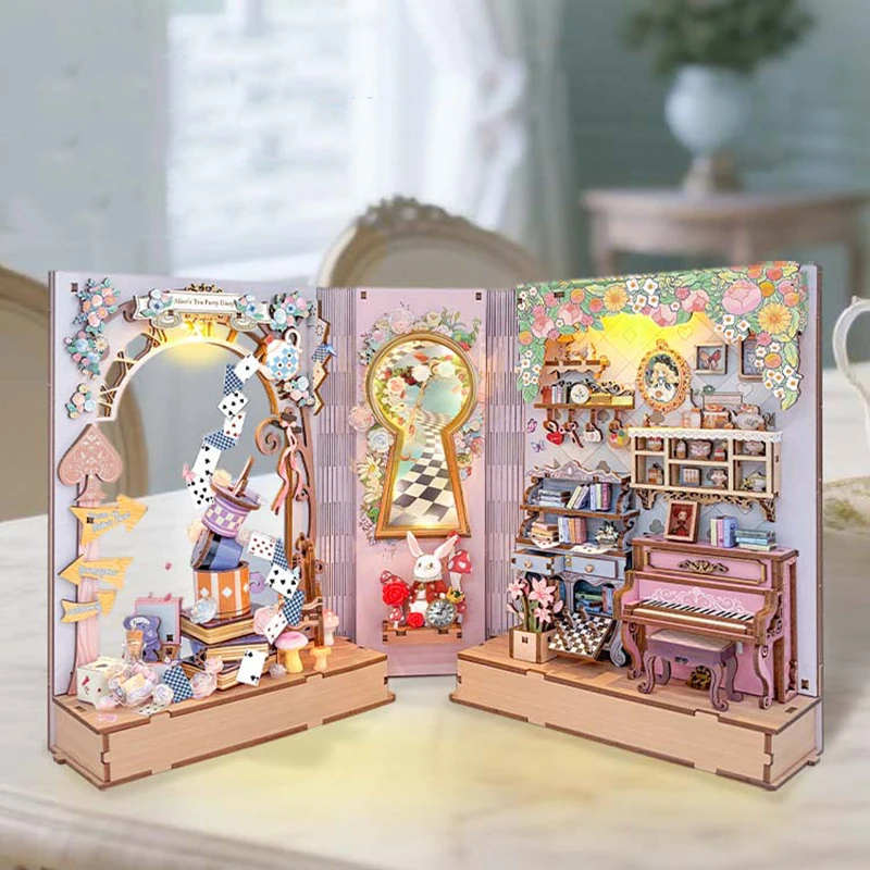 Diy Wooden Book Nook Kit Shelf Insert - Miniatuurmodelbouwset: doe-het-zelf houten prinsessen-thee- en dagboekhoekje,